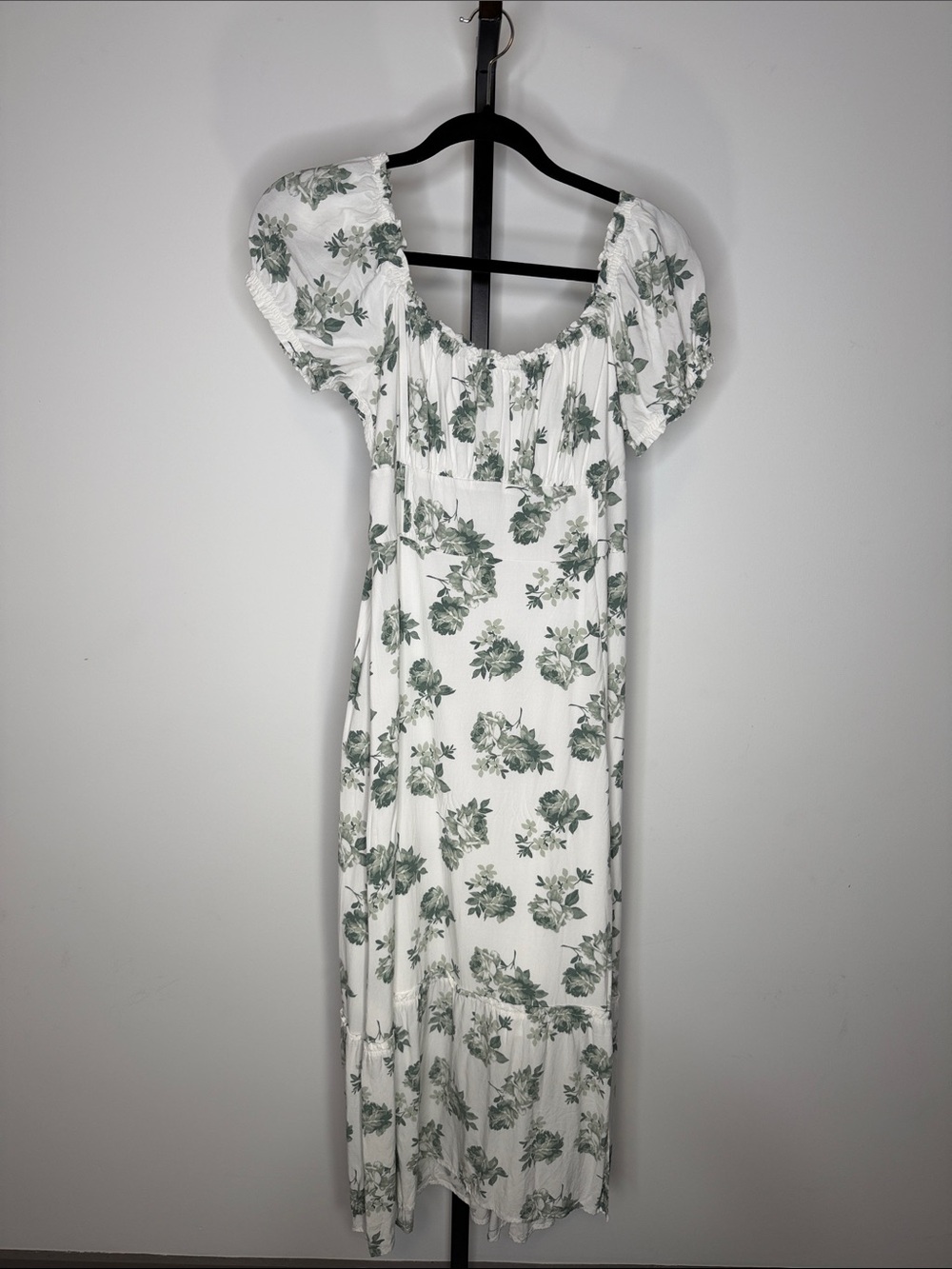 Hollister White Maxi Dress with Sage Green Floral Print